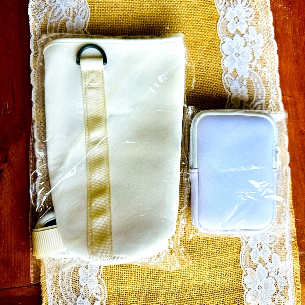 Cream water bottle strap holder with white wallet